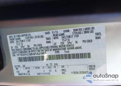 2016 Ford F-150 Xlt z USA, uszkodzony, nr VIN 1FTEW1CG5GFA21985